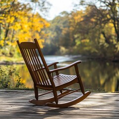 A serene wooden rocking chair by a tranquil river, surrounded by vibrant autumn foliage, perfect for relaxation and reflection.