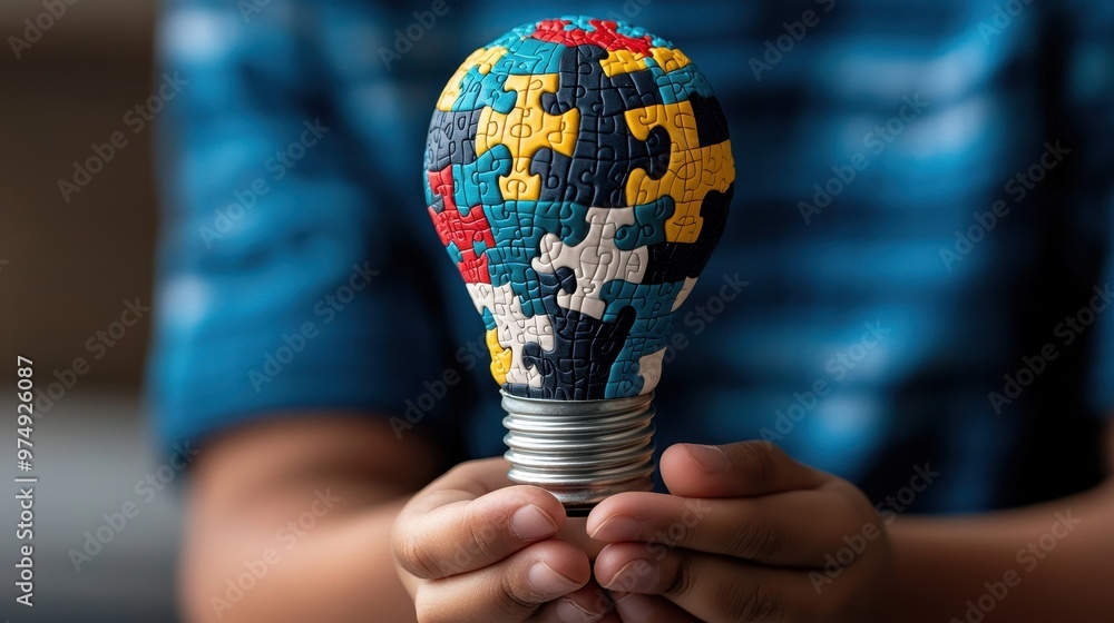 Poster a colorful light bulb made of puzzle pieces symbolizing creativity and problem-solving in a child's 