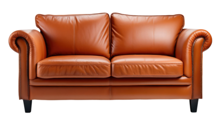 Brown Leather Sofa with Wooden Legs Isolated on Transparent Background