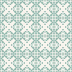 A repeating decorative pattern featuring intricate designs in teal on a cream background.