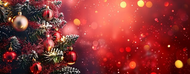 A wonderfully decorated Christmas tree stands out beautifully against a stunning and dazzling red background