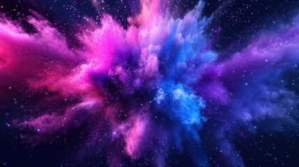 Abstract color explosion with vibrant purples and blues against a dark background