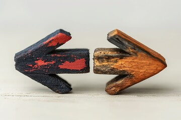 Two wooden arrows symbolize opposing sides uniting for mutual understanding and collaboration in a neutral setting