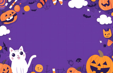 Halloween house Vector illustration of a purple background with a cute cartoon
