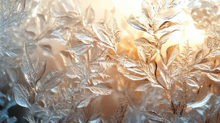 background featuring the delicate, intricate frost patterns that form on glass, with crystalline shapes and soft, icy hues that evoke a sense of winter's beauty