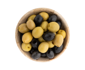 olives in wooden bowl isolated on white