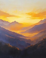 Fototapeta premium Oil painting depicting a stunning sunrise behind mountains producing a beautiful golden backlight and showcasing the beauty of dawn