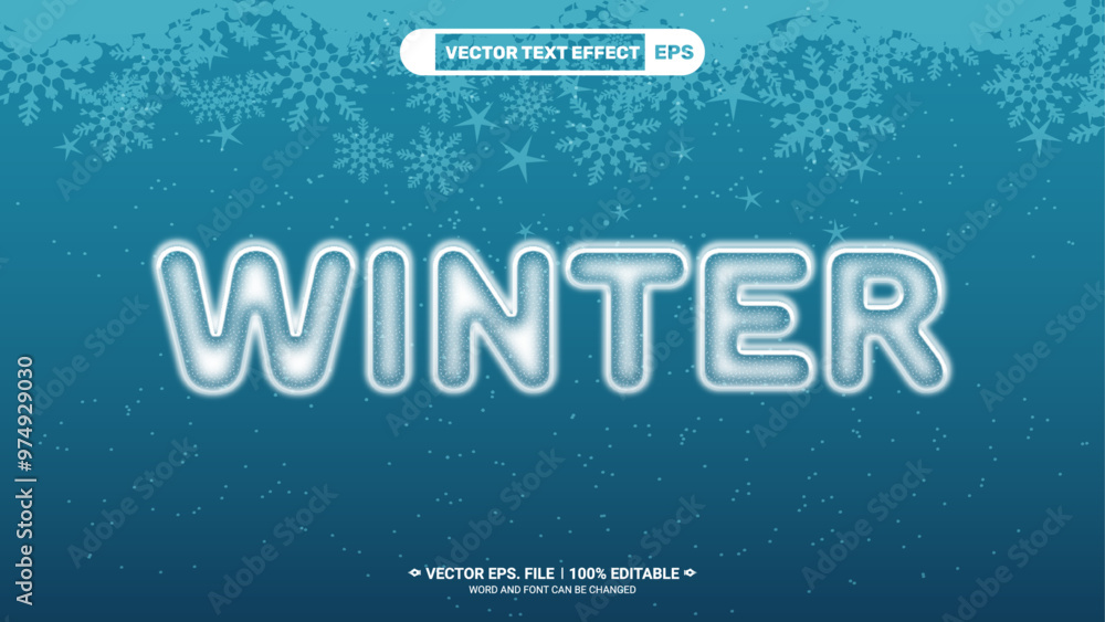 Poster winter ice style 3d editable vector text effect with snowflake background