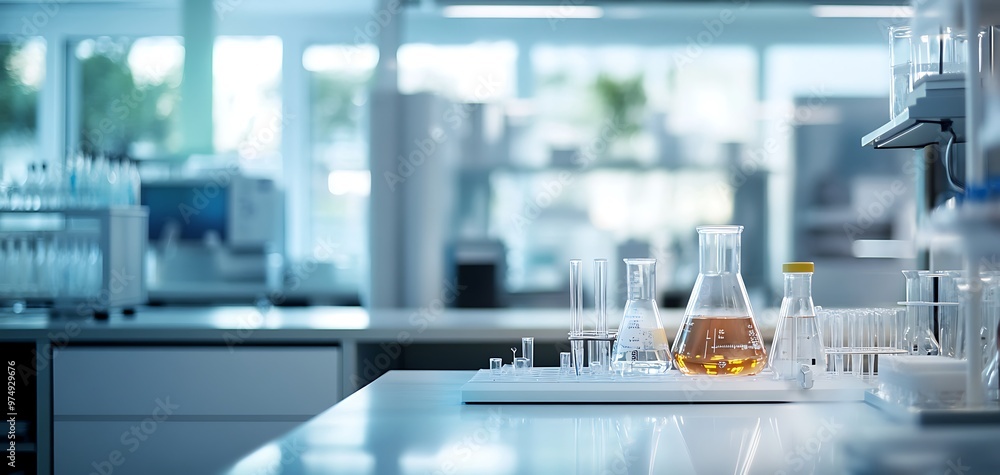 Poster close up of beakers and flasks in a laboratory with blurry background