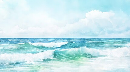 Tranquil ocean waves under a clear sky watercolor painting art.