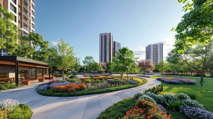 Fototapeta premium Modern residential complex with lush green spaces and high-rise buildings under a clear blue sky, showcasing urban outdoor living.