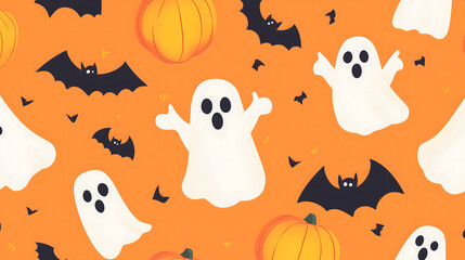 Pastel peach-colored simple cartoon Halloween background pattern with ghosts pumpkins bats on an orange background