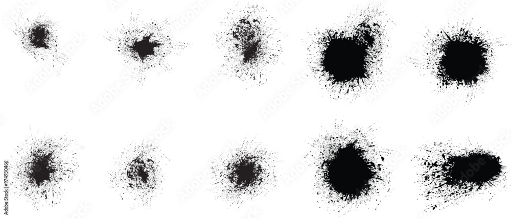 Poster Collection of ink splashes for speckle effect .Set of Black Spray Blot of Ink. Place blobs, stains and splats in this pack over any object to create grunge effect .Spray paint drips .abstract vector.