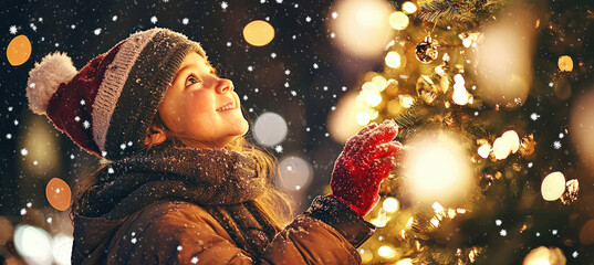 Festive Christmas Tree Lighting Ceremony in a Snowy Winter Wonderland with Bokeh Lights
