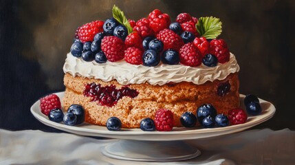 Oil painting depicting a delicious homemade cake adorned with fresh berries showcasing a vibrant and healthy dessert option
