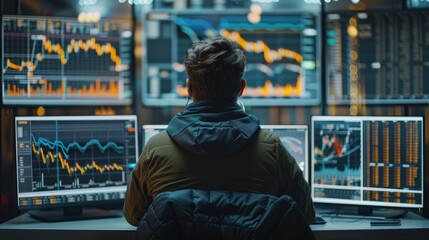 Person analyzing stock market data on multiple computer screens in a modern office setting.