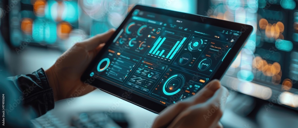 Aufkleber person using a digital tablet displaying various analytics and data visualizations in a high-tech, f