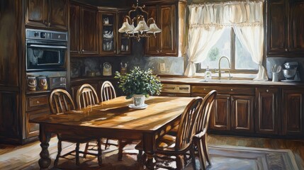 Oil painting depicting an elegant wooden table set against a kitchen backdrop showcasing the beauty of natural wood in a cozy setting