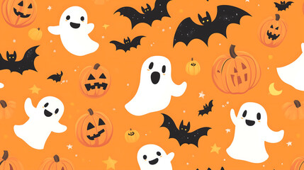 Naklejka premium Pastel peach-colored simple cartoon Halloween background pattern with ghosts pumpkins bats on an orange background