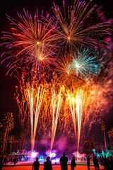 Colorful Fireworks Display at Nighttime Science Festival with Illuminated Exhibits and Crowds