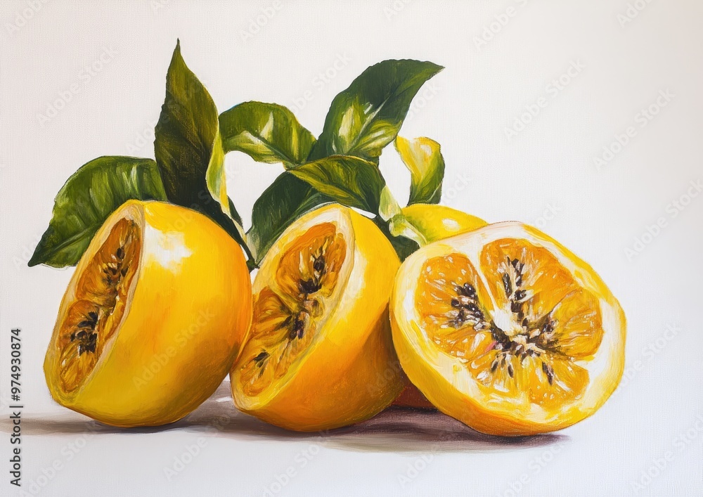 Wall mural oil painting of tropical naranjilla fruit on a white background