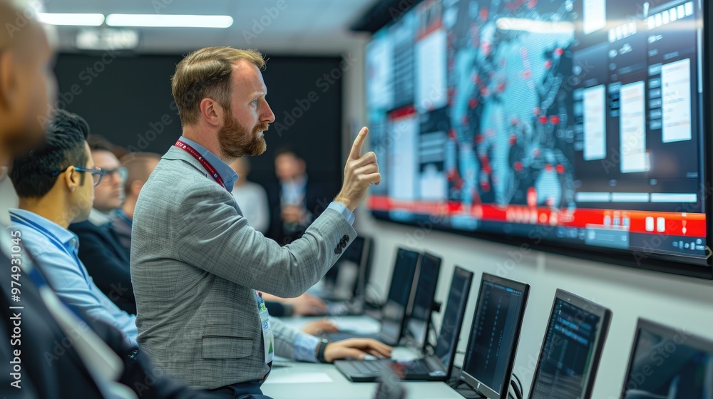 Aufkleber professionals working in a control room with multiple computer screens, analyzing data and making st