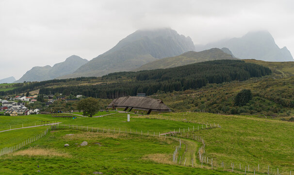 The reconstructed Viking long house in Lofoten from a distance.