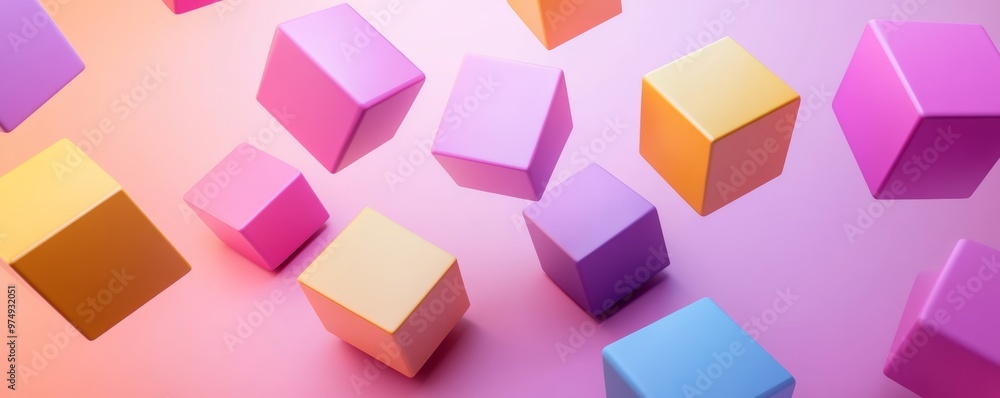 Poster floating colorful cubes against pastel gradient backdrop