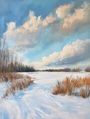 Oil painting depicting a winter landscape with white ground and a blue cloudy sky showcasing the beauty of nature in a serene setting