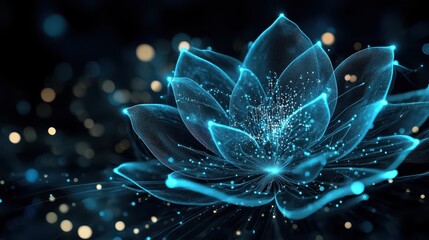 An abstract digital flower with neon blue circuits, surrounded by bokeh lights and dark background evoking the future of IT and data flow