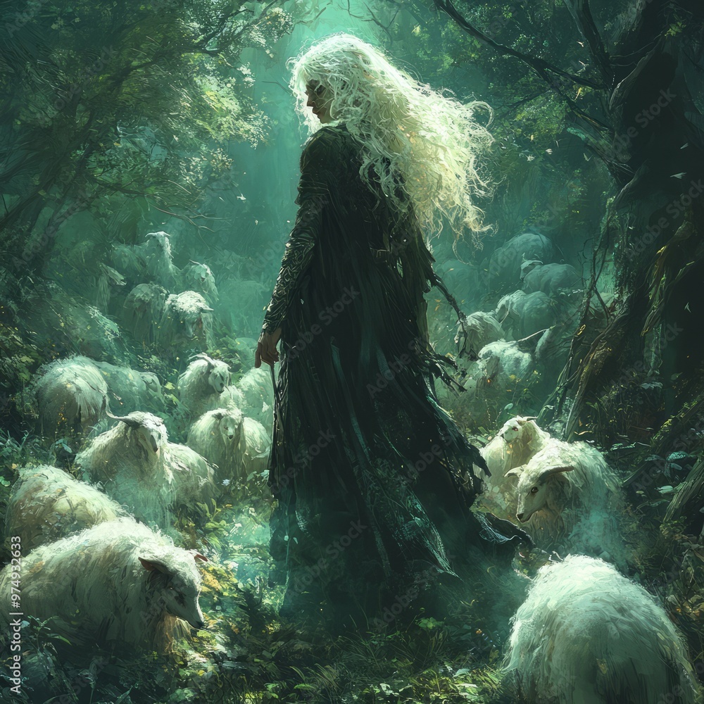 Canvas Prints A mystical figure surrounded by sheep in a forest.