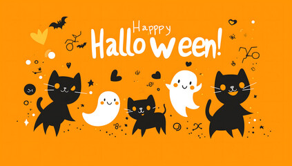 A cute black cat banner with the words Happy Halloween! on orange background