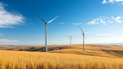 Wind turbines producing clean energy stand tall against backdrop of golden fields and clear blue sky, symbolizing sustainability and innovation in renewable energy