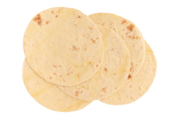 corn tortillas isolated on white background, flat lay, food concept, mexican fast food. With clipping path.