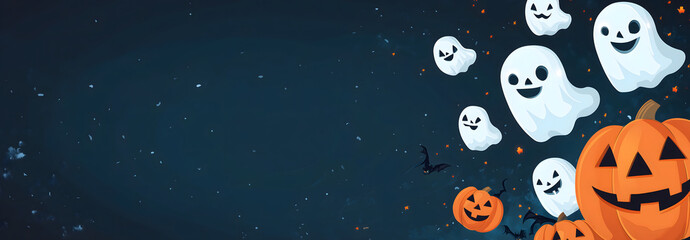 Fototapeta premium Banner for Halloween featuring pumpkins and bats cartoon Blue background
