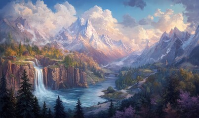 Oil painting depicting an exploration journey through a mountainous landscape capturing the essence of adventure and discovery