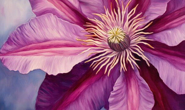 Close up oil painting of a clematis flower showcasing intricate details and vibrant colors