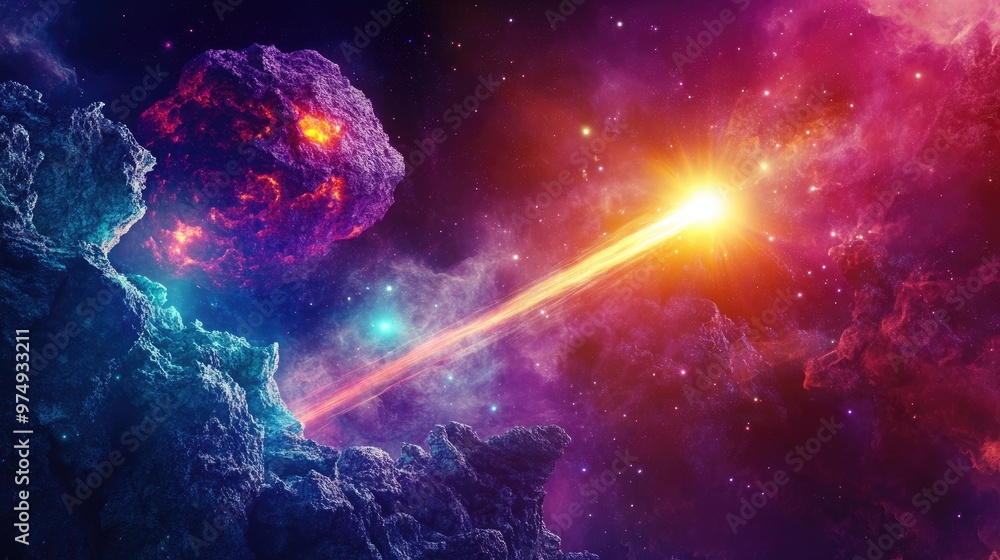 Poster abstract cosmic backdrop featuring a blazing comet luminous flashes and laser beams piercing through