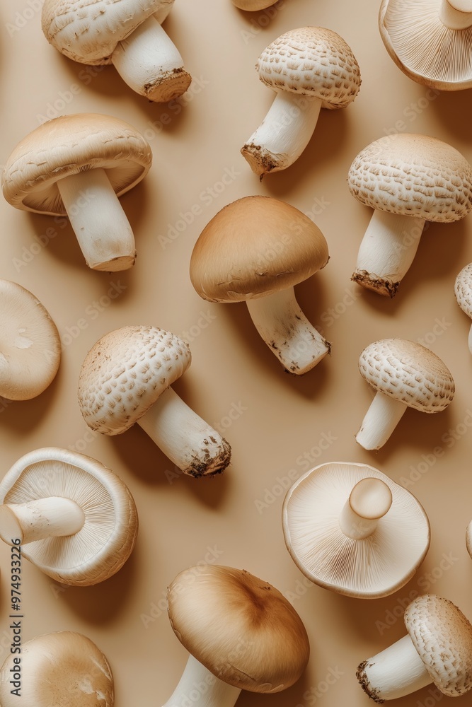 Poster a close up of many mushrooms of various sizes and shapes. the mushrooms are arranged in a pattern on