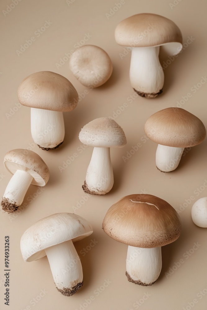 Poster a group of mushrooms are arranged in a circle on a tan background. the mushrooms vary in size and sh