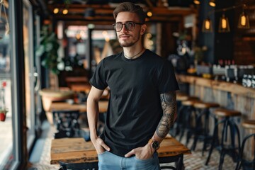 Fototapeta premium A man in a black shirt is smiling and standing on a wooden deck, generative ai image