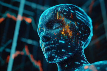 Holographic financial data projected from a robot’s head, data analysis, AI 