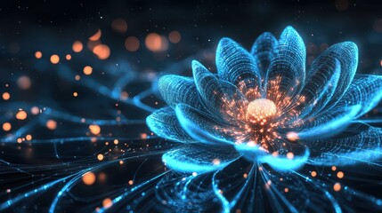 An abstract glowing flower surrounded by blue lines of data, set on a dark background with soft bokeh lights symbolizing futuristic connectivity