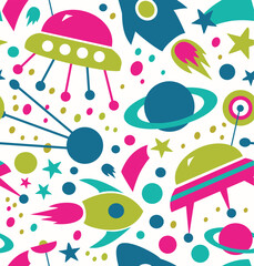A colorful pattern featuring UFOs, rockets, planets, and stars, ideal for playful designs.