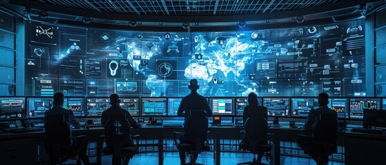 Team working in a high-tech control room with world map and data display screens, monitoring global networks and cybersecurity threats.