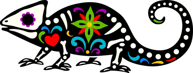 Fototapeta premium Dead Halloween skeleton, Mexican day of the dead chameleon animal tattoo tattoo. Isolated vector sugar skull reptilian. Dia de los Muertos tropical lizard figure with skeleton bones and floral pattern