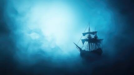 Fototapeta premium A mysterious ship sailing through dense fog, illuminated by an ethereal blue light. Ideal for maritime and adventure themes.