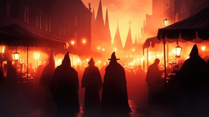A mysterious twilight scene with cloaked figures walking through a foggy marketplace illuminated by glowing lanterns.