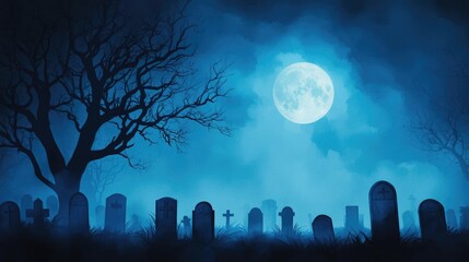 A spooky graveyard under a full moon, shrouded in mist. Ideal for Halloween themes and eerie night scenes.