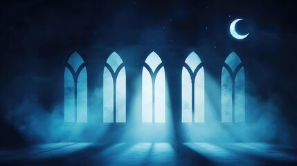 Ethereal scene featuring illuminated windows, mist, and a crescent moon, creating a mystical atmosphere.